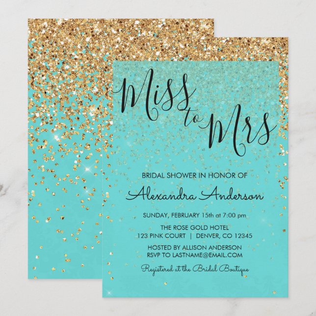 Invitation Parties scintillant bleue turquoise Mlle à Mme Fêt (Devant / Derrière)