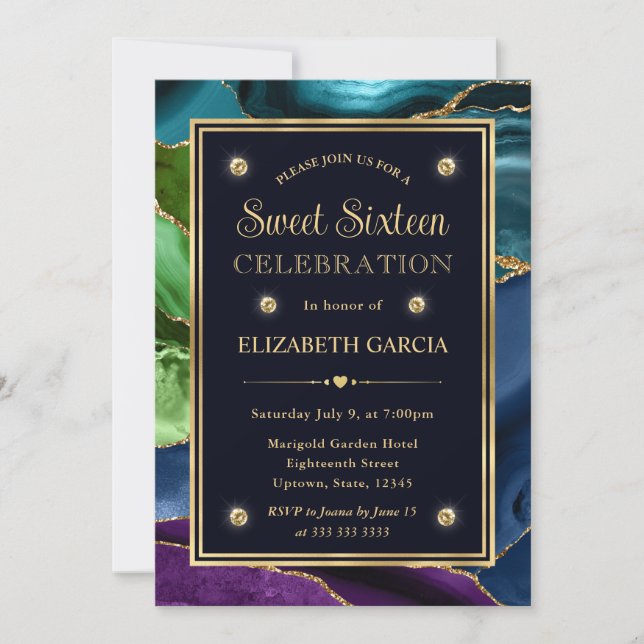 Invitation Parties scintillant bleue, verte et or Agate Sweet (Devant)