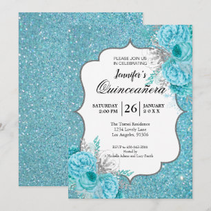 Invitation Parties scintillant Blue Floral Quinceanera Invita