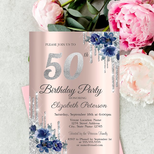 Invitation Parties scintillant Blue Flowers Rose Gold 50e ann (Créateur téléchargé)