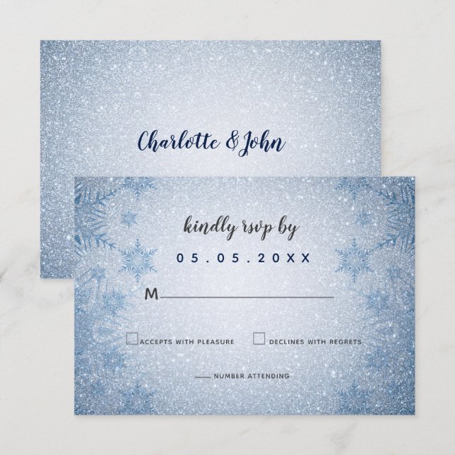 Invitation Parties scintillant Blue Snowflakes mariage hiver  (Devant / Derrière)