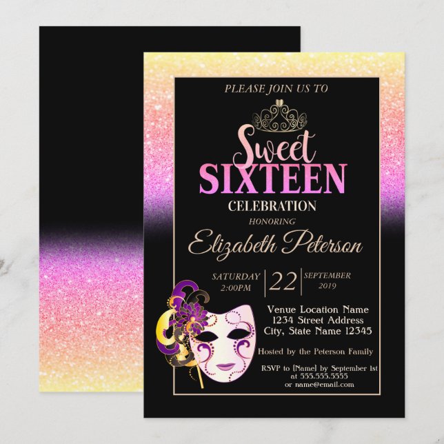 Invitation Parties scintillant Bokeh, Tiara, Masquerade Sweet (Devant / Derrière)