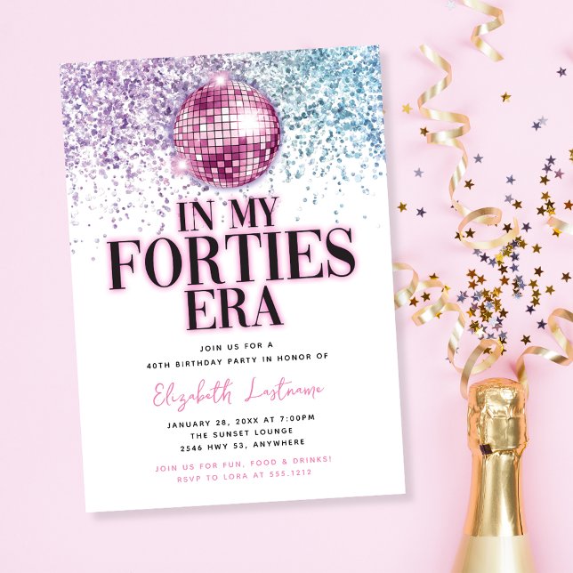 Invitation Parties scintillant branchée Disco Quarties Era 40 (Trendy Glitter Disco Forties Era 40th Birthday Invitation)