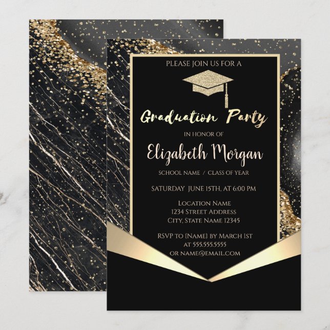 Invitation Parties scintillant Casquette, Confetti Black Marb (Devant / Derrière)