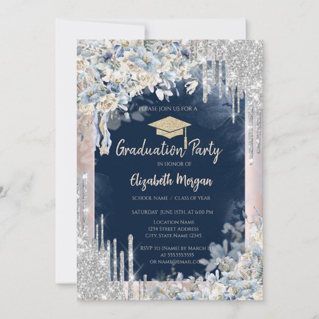 Invitation Parties scintillant Casquette, Lecteurs, Fleurs, B (Devant)