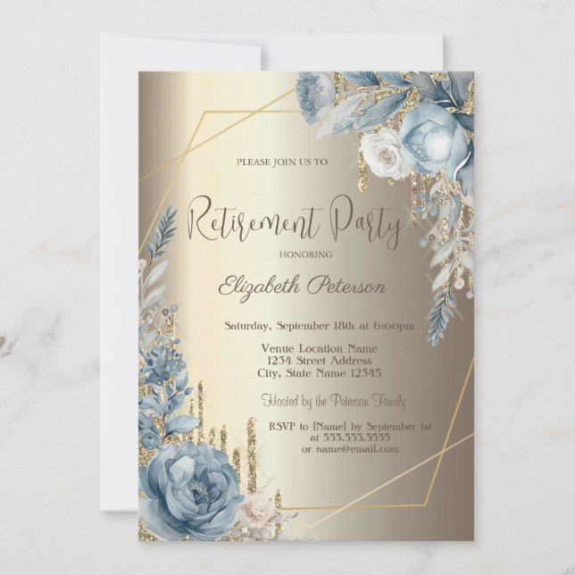 Invitation Parties scintillant  Champagne Gold Blue Roses Cad (Devant)
