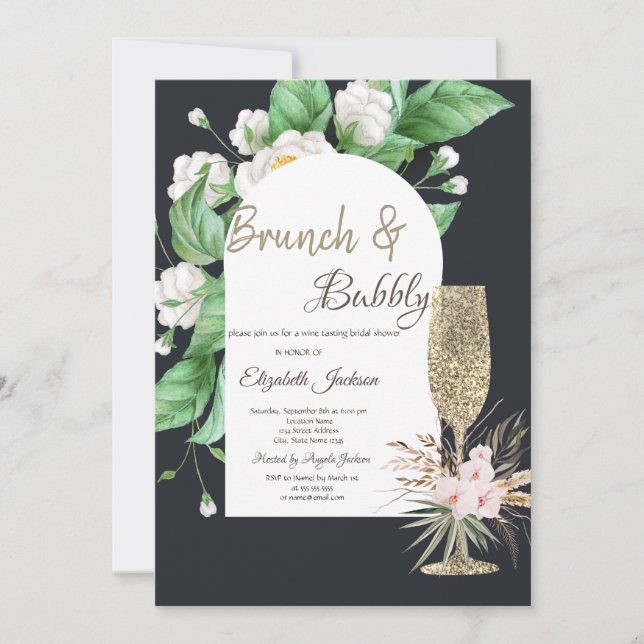 Invitation Parties scintillant Champagne Verre Fleurs blanche (Devant)