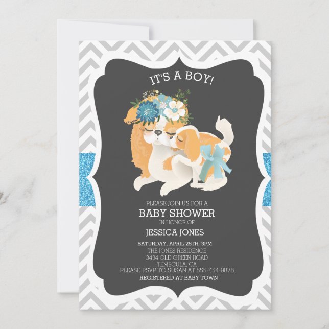 Invitation Parties scintillant Chevron Chien bleu Mama Baby s (Devant)