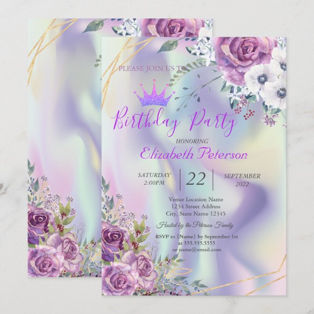 Invitation Parties scintillant Chic Fleurs Tiara Holographiqu (Devant / Derrière)