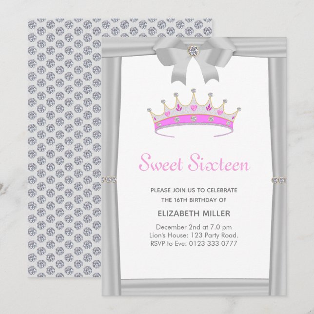 Invitation Parties scintillant chic Sweet sixteen de couronne (Devant / Derrière)