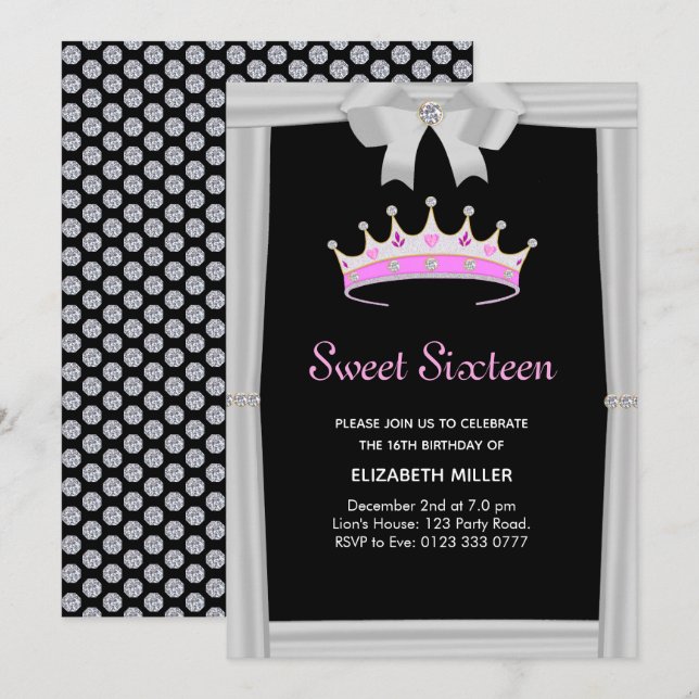 Invitation Parties scintillant chic Sweet sixteen de couronne (Devant / Derrière)