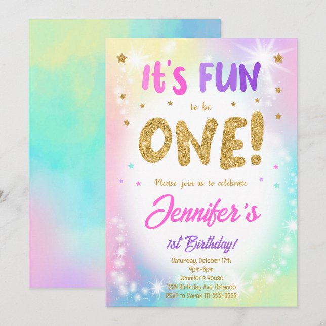 Invitation Parties scintillant colorée 1er anniversaire Invit (Devant / Derrière)