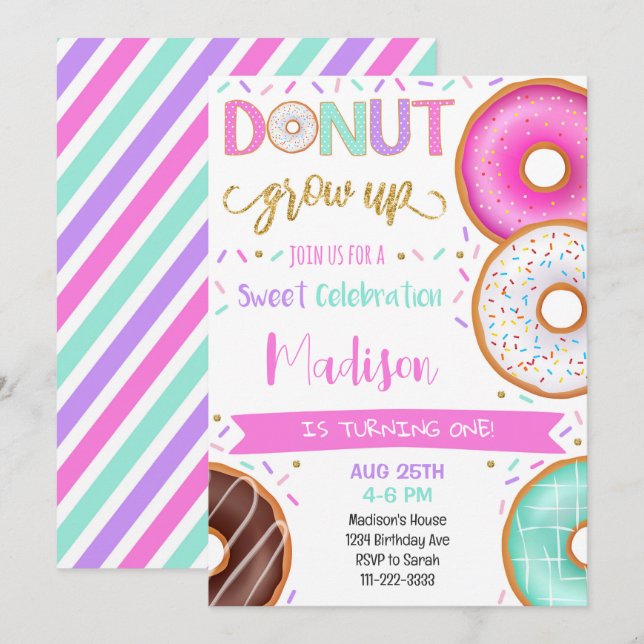 Invitation Parties scintillant colorée Donuts Anniversaire Fê (Devant / Derrière)
