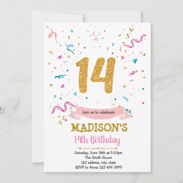 Invitation Parties scintillant Confetti 14e anniversaire invi (Devant)
