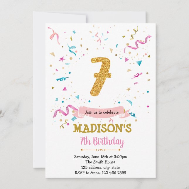 Invitation Parties scintillant Confetti 7e anniversaire invit (Devant)