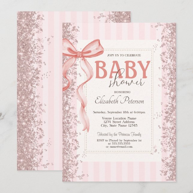Invitation Parties scintillant Confetti Bow rose Baby shower  (Devant / Derrière)