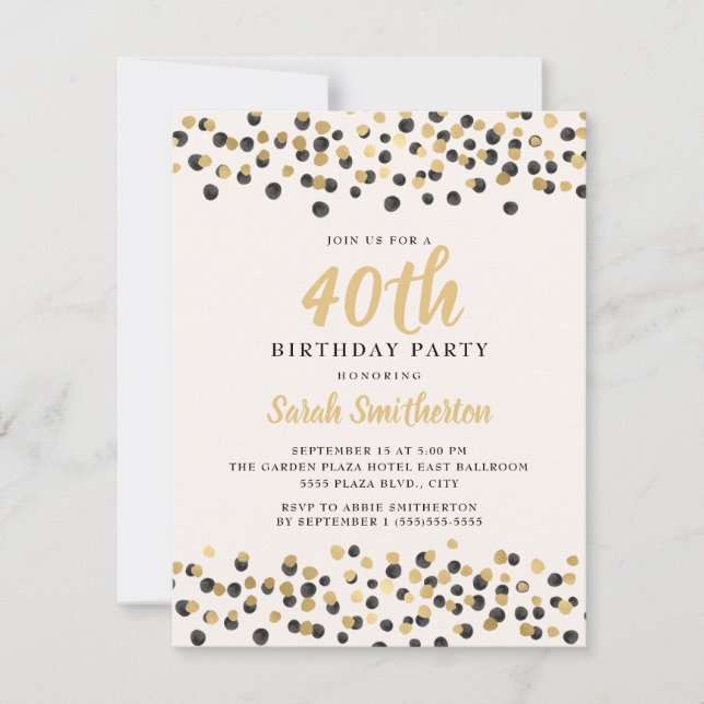Invitation Parties scintillant Confetti en or noir blanc 40e  (Devant)