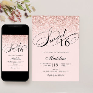 Invitation Parties scintillant Confetti Rose, Douce 16 Annive