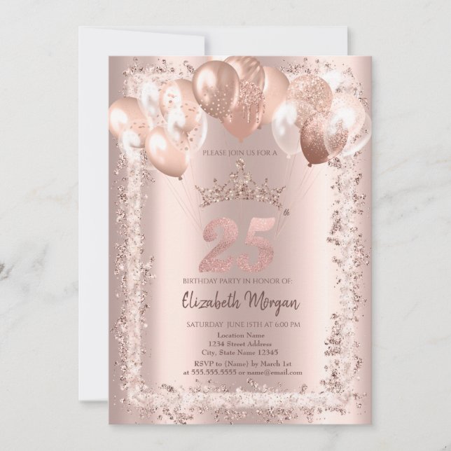 Invitation Parties scintillant, Couronne, Ballons 25e anniver (Devant)