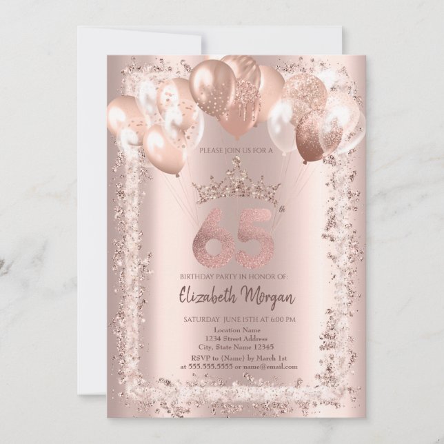 Invitation Parties scintillant, Couronne, Ballons 65e anniver (Devant)