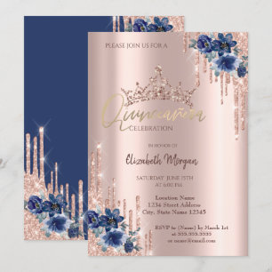 Invitation Parties scintillant Couronne goutte Fleurs bleues