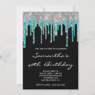 Invitation Parties scintillant cyan argenté brillant gouttes 