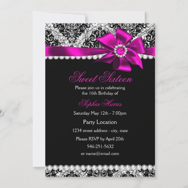 Invitation Parties scintillant Damas & Pink Jewel Bow Sweet 1 (Devant)