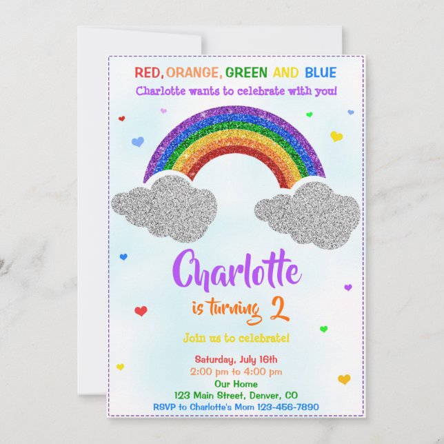 Invitation Parties scintillant d'anniversaire arc-en-ciel inv (Devant)