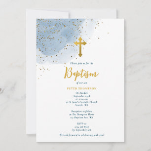 Invitation Parties scintillant d'aquarelle bleu Croix d'or Ba