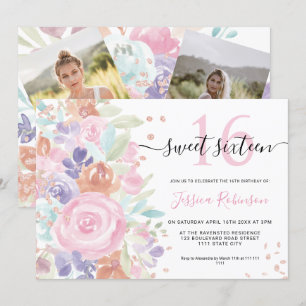 Invitation parties scintillant d'aquarelle fleurie rose Sweet