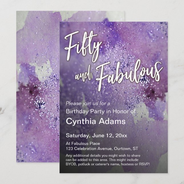 Invitation Parties scintillant d'aquarelle violet gras Cinqua (Devant / Derrière)
