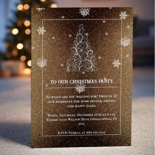 Invitation Parties scintillant d'arbre de Noël et flocons de  (Gold Christmas Tree Glitter and Snowflakes Party Invitation)