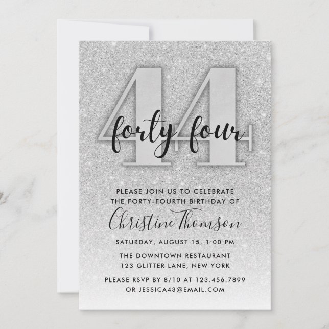 Invitation Parties scintillant d'argent 44e anniversaire Invi (Devant)