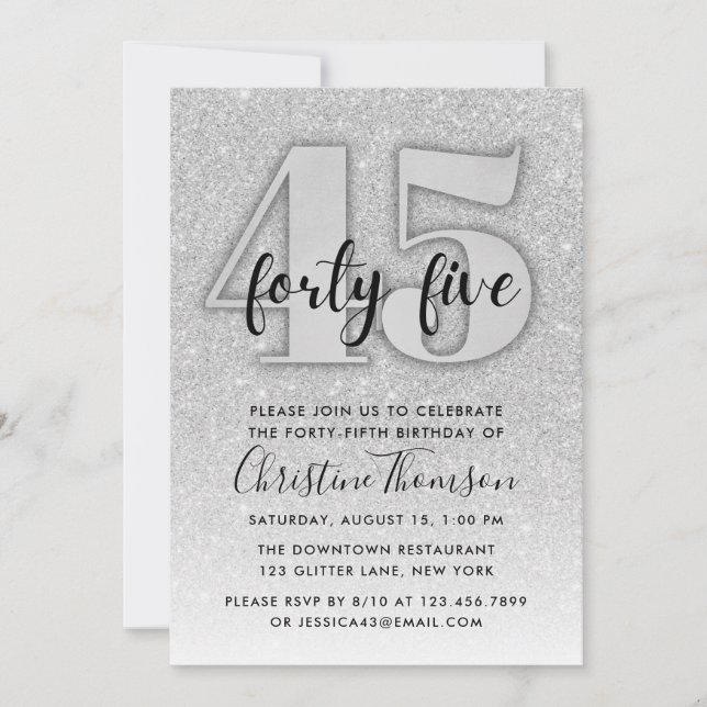 Invitation Parties scintillant d'argent 45e anniversaire Invi (Devant)