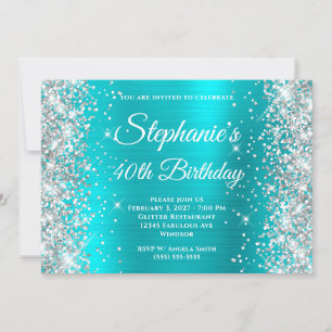 Invitation Parties scintillant d'argent Aqua Blue Monogramme 