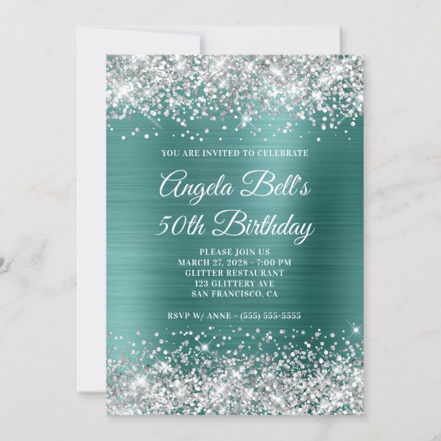 Invitation Parties scintillant d'argent Aqua Turquoise Foil 5 (Devant)