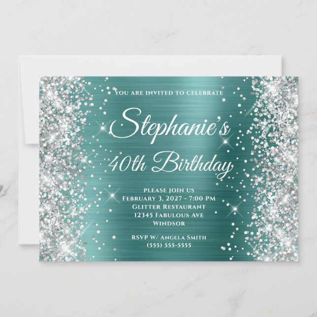 Invitation Parties scintillant d'argent Aqua Turquoise Monogr (Devant)