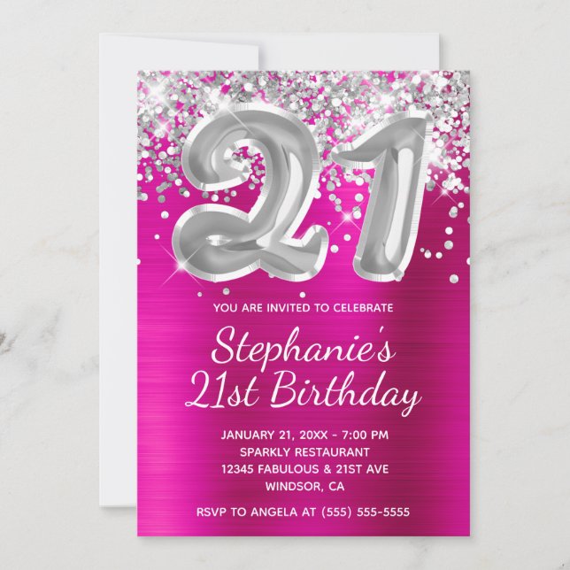 Invitation Parties scintillant d'argent ballon rose chaud 21e (Devant)