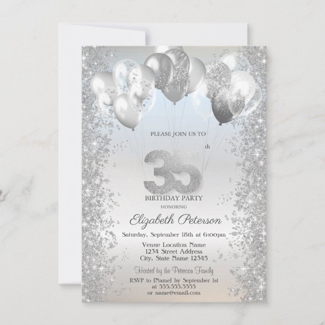 Invitation Parties scintillant d'argent Balloons Confetti 35e (Devant)