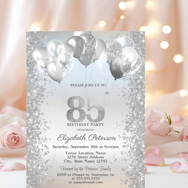 Invitation Parties scintillant d'argent Balloons Confetti 85e (Créateur téléchargé)