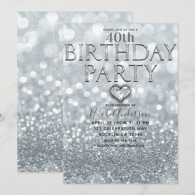 Invitation Parties scintillant d'argent blanc Bokeh Glam fête (Devant / Derrière)