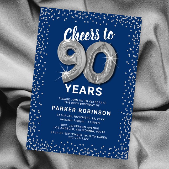 Invitation Parties scintillant d'argent bleu 90e anniversaire (Créateur téléchargé)