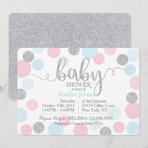 Invitation Parties scintillant d'argent bleu rose points Bab