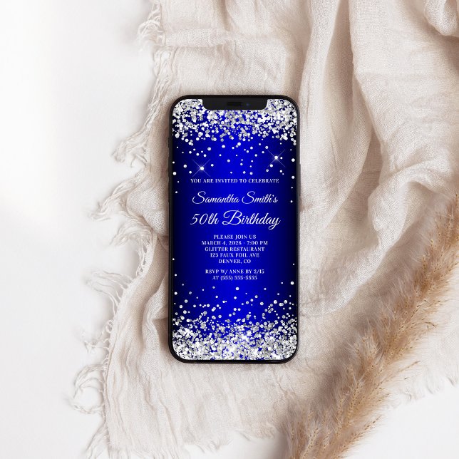 Invitation Parties scintillant d'argent Blue Ombre 50e annive (Silver Glitter Blue Ombre 50th Birthday Invitation)