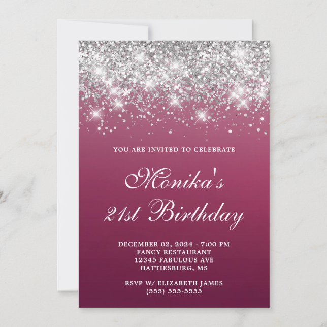 Invitation Parties scintillant d'argent Bourgogne Ombre Bold  (Devant)
