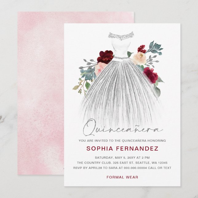 Invitation Parties scintillant d'argent Bourgogne Robe Floral (Devant / Derrière)