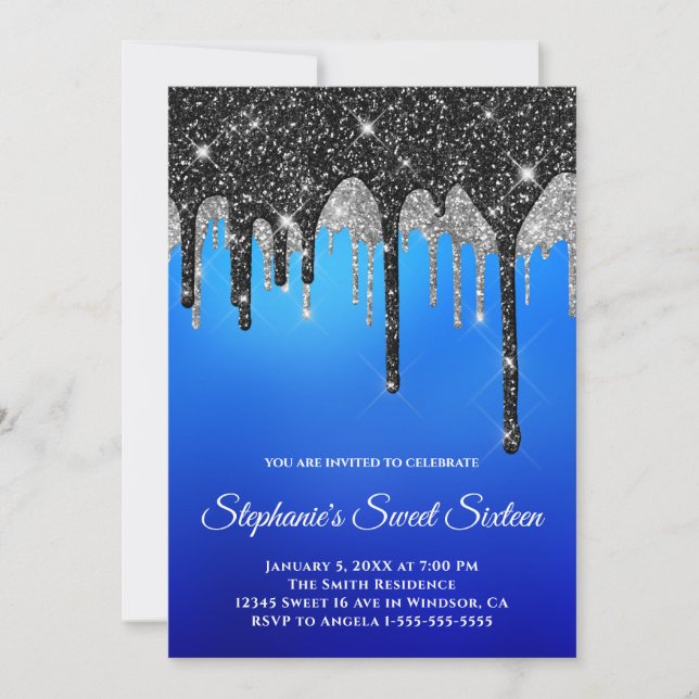 Invitation Parties scintillant d'argent brillant noir bleu Om (Devant)