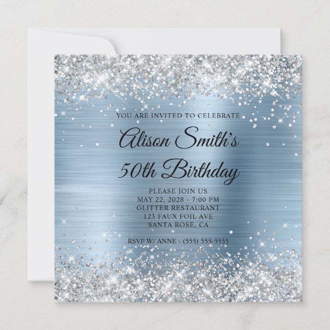 Invitation Parties scintillant d'argent clair Monogramme bleu (Devant)