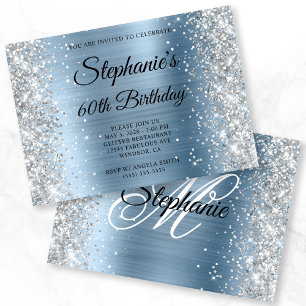 Invitation Parties scintillant d'argent clair Monogramme bleu