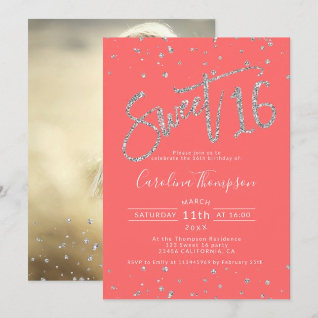 Invitation Parties scintillant d'argent confetti corail Sweet (Devant / Derrière)